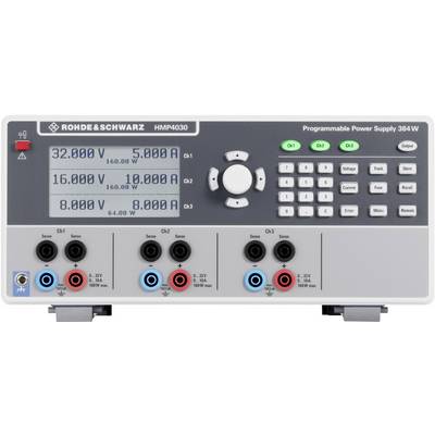 Alimentatore programmabile con display di tensione e corrente per tre canali. Pulsanti e connettori di controllo visibili.