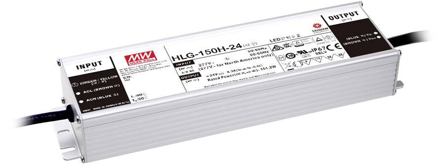 Alimentatore LED rettangolare con la scritta 'HLG-150H-24', specifiche tecniche e marchi di sicurezza sulla parte superiore.