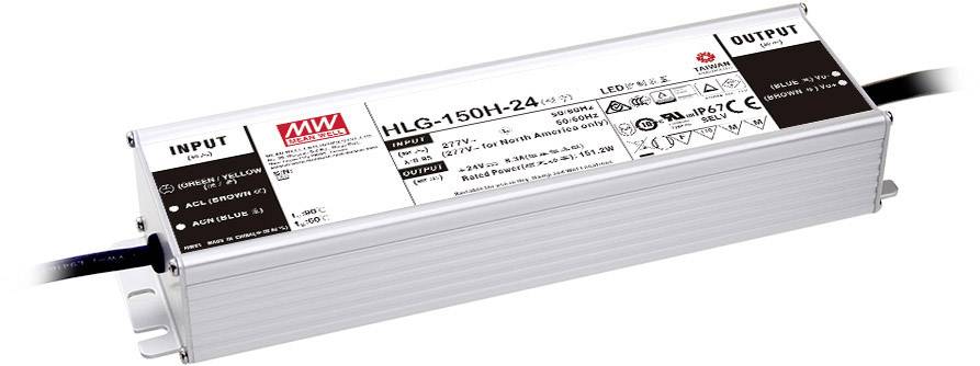 Driver LED di Mean Well, modello HLG-150H-24 con specifiche tecniche sull'etichetta. Alloggiamento metallico rettangolare.