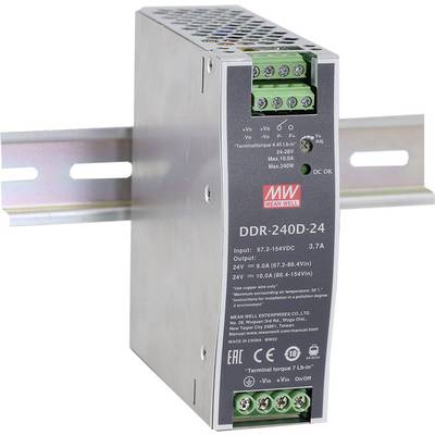 Dispositivo di commutazione metallico con etichetta 'Mean Well DDR-240D-24', che mostra informazioni di ingresso e uscita. Componente principale di un impianto elettrico.