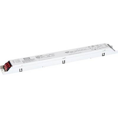 Un lungo driver LED rettangolare con componenti elettroniche e specifiche tecniche stampate.