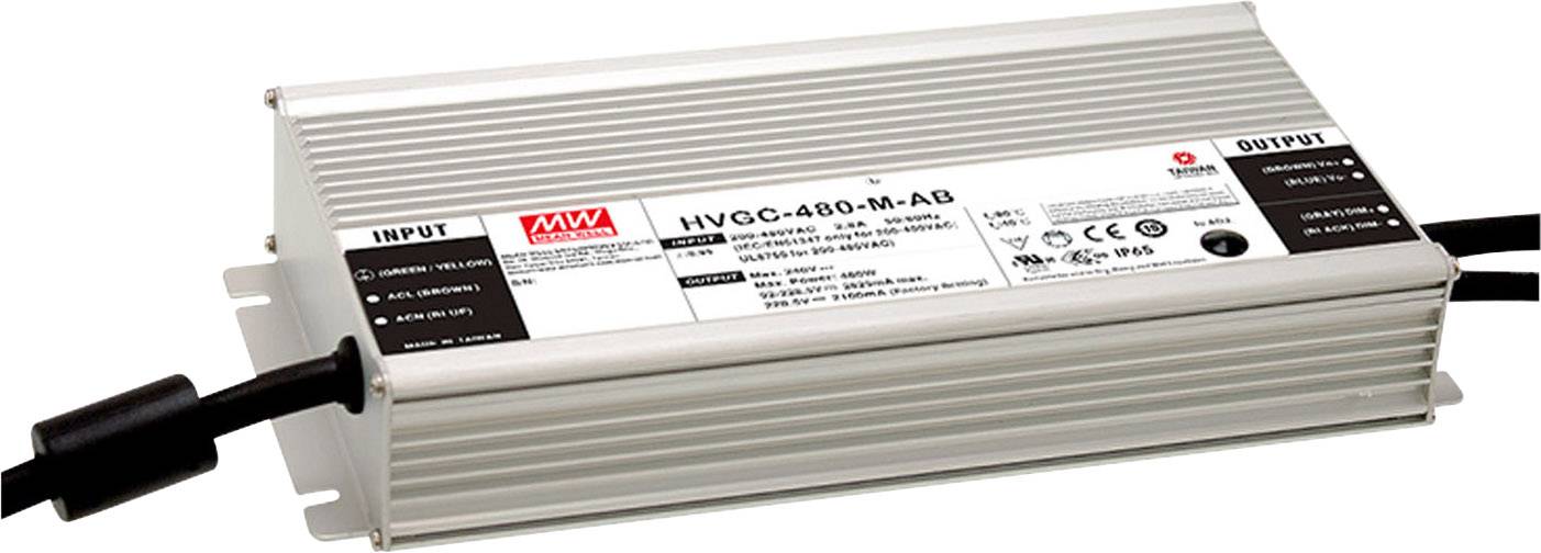 Un dispositivo elettronico argentato con l'etichetta 'HVGC-480-M-AB' di MEAN WELL, con connettori a sinistra e a destra. Utilizzato per l'alimentazione elettrica.