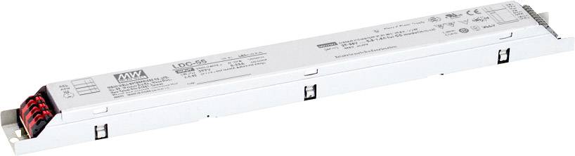 Lunga scheda elettrica rettangolare, descritta come driver LED, con specifiche tecniche e loghi di certificazione stampati sopra.