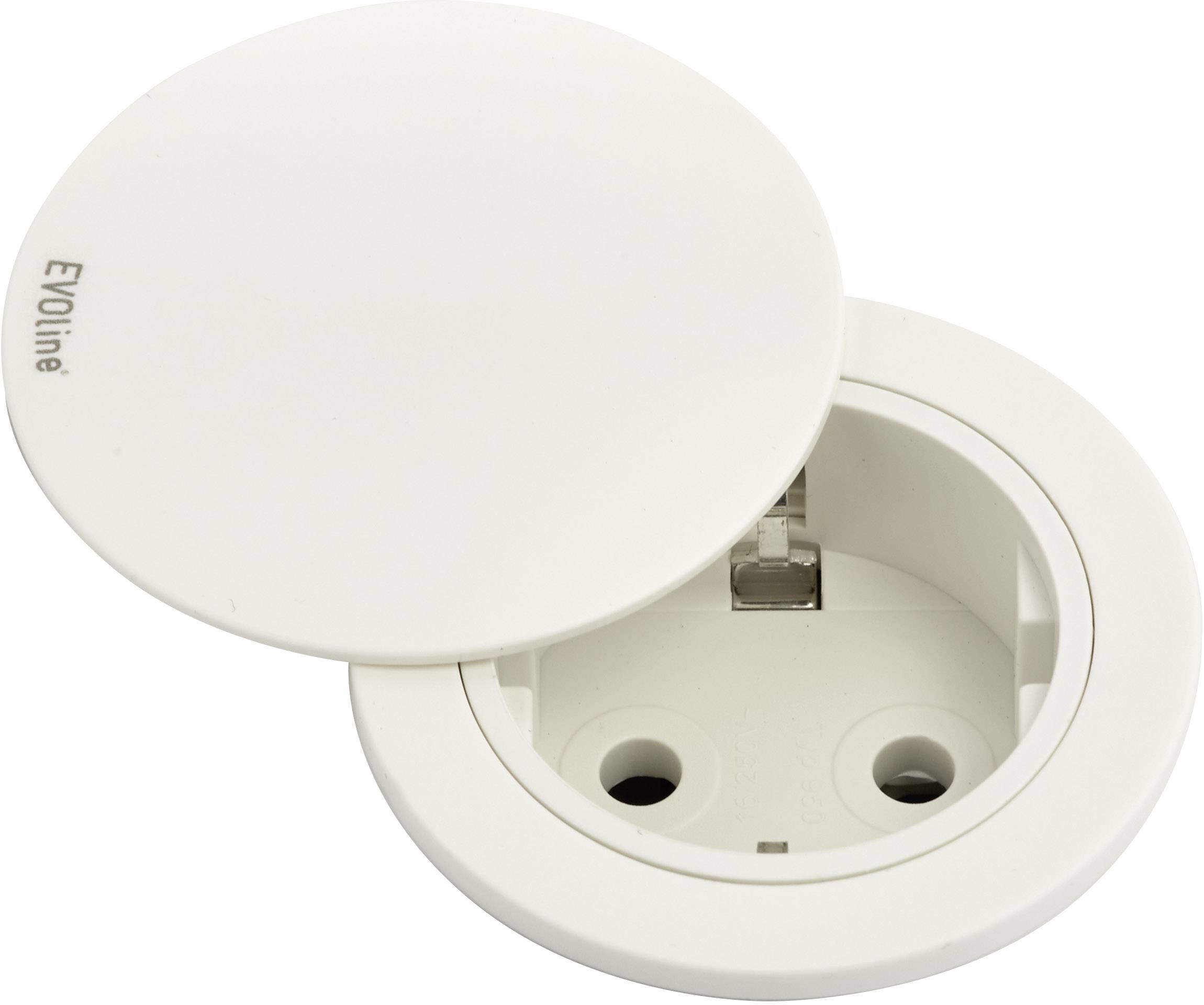 Presa elettrica bianca con coperchio rimosso, che mostra due slot per spine.