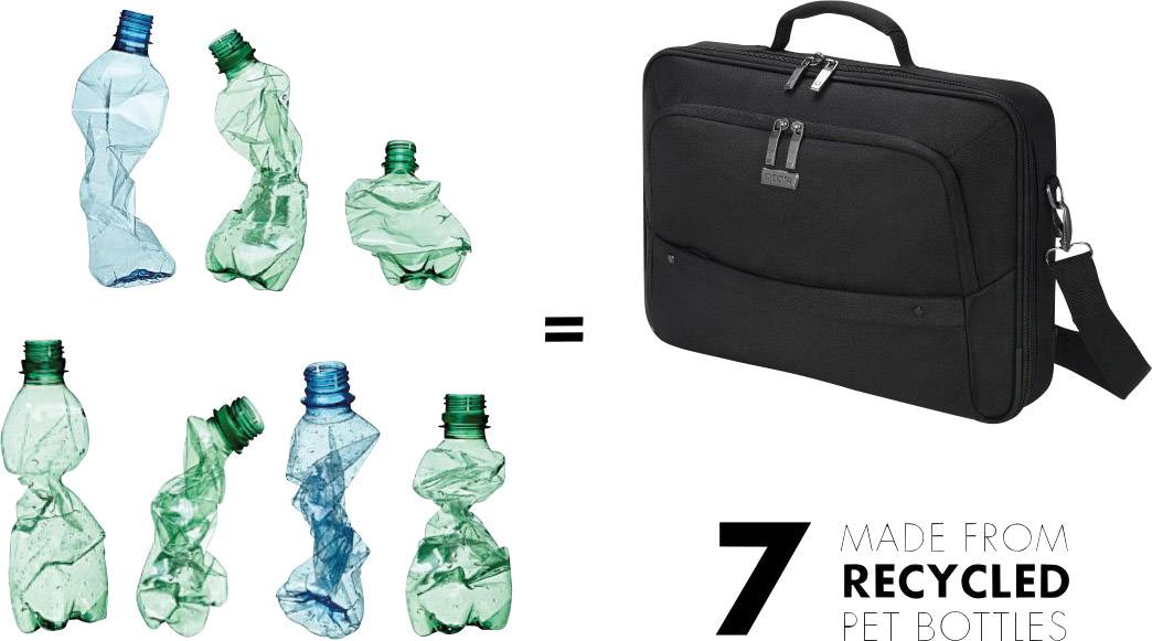 Sette bottiglie di plastica PET sgualcite sono raffigurate accanto a una borsa nera per dimostrare che la borsa è realizzata con materiali riciclati.
