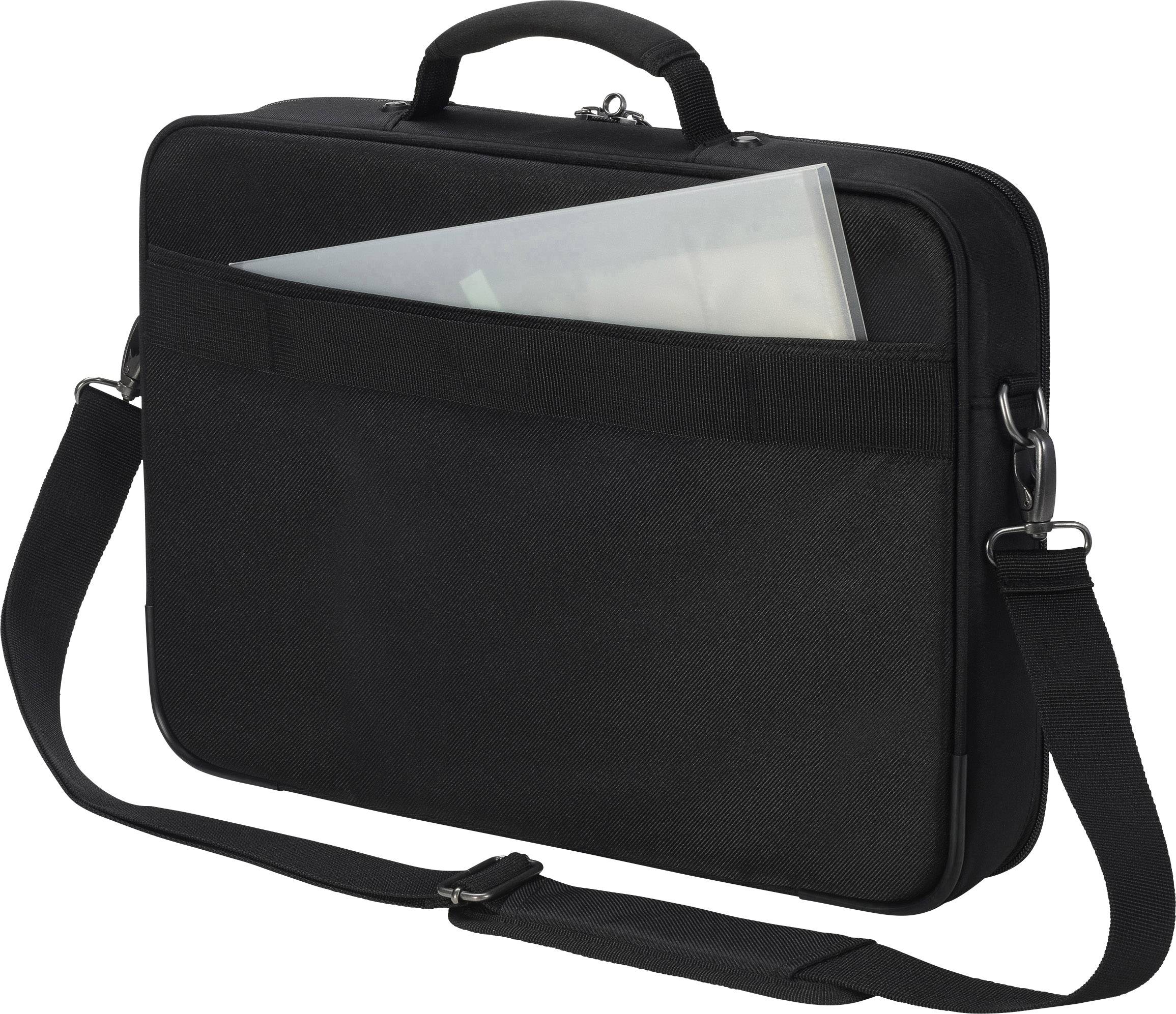 Borsa da lavoro nera con un comparto in cui è inserita una cartella trasparente e una tracolla per un trasporto agevole.