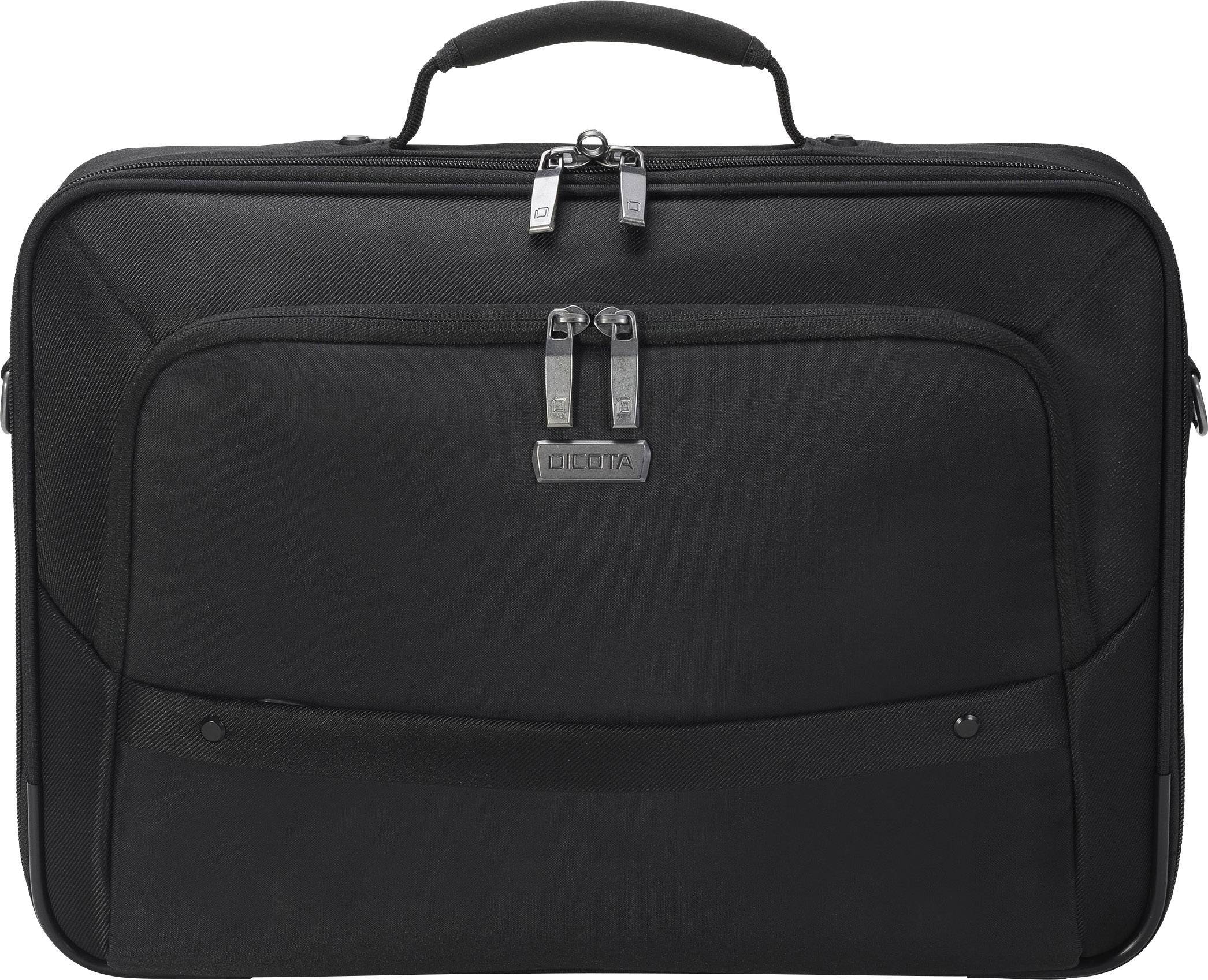 Una borsa nera per laptop con due scomparti con cerniera e un manico di trasporto.