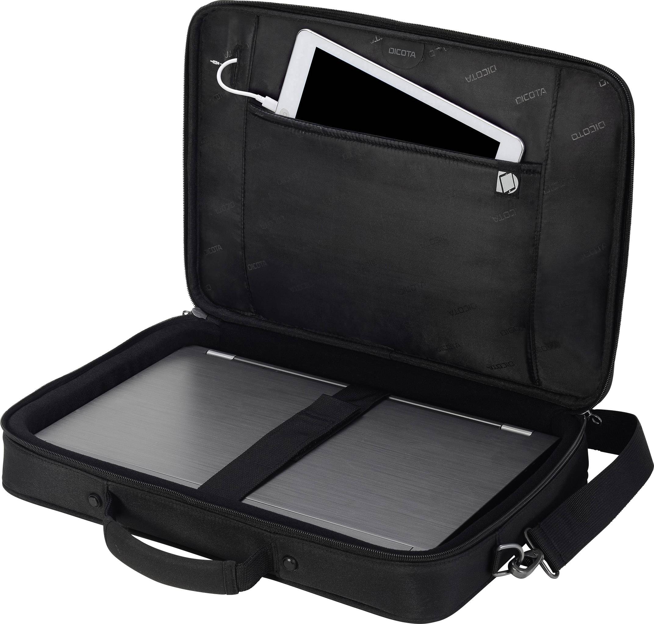 Una borsa nera aperta per laptop con un computer portatile nel comparto principale e un tablet nella tasca a rete del coperchio.