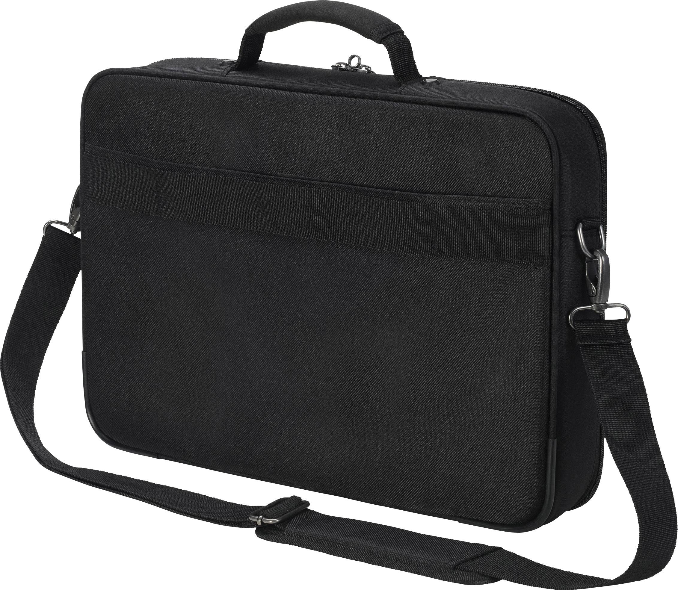 Una borsa nera per laptop con cinghie a tracolla e manico, adatta al trasporto di laptop e documenti.