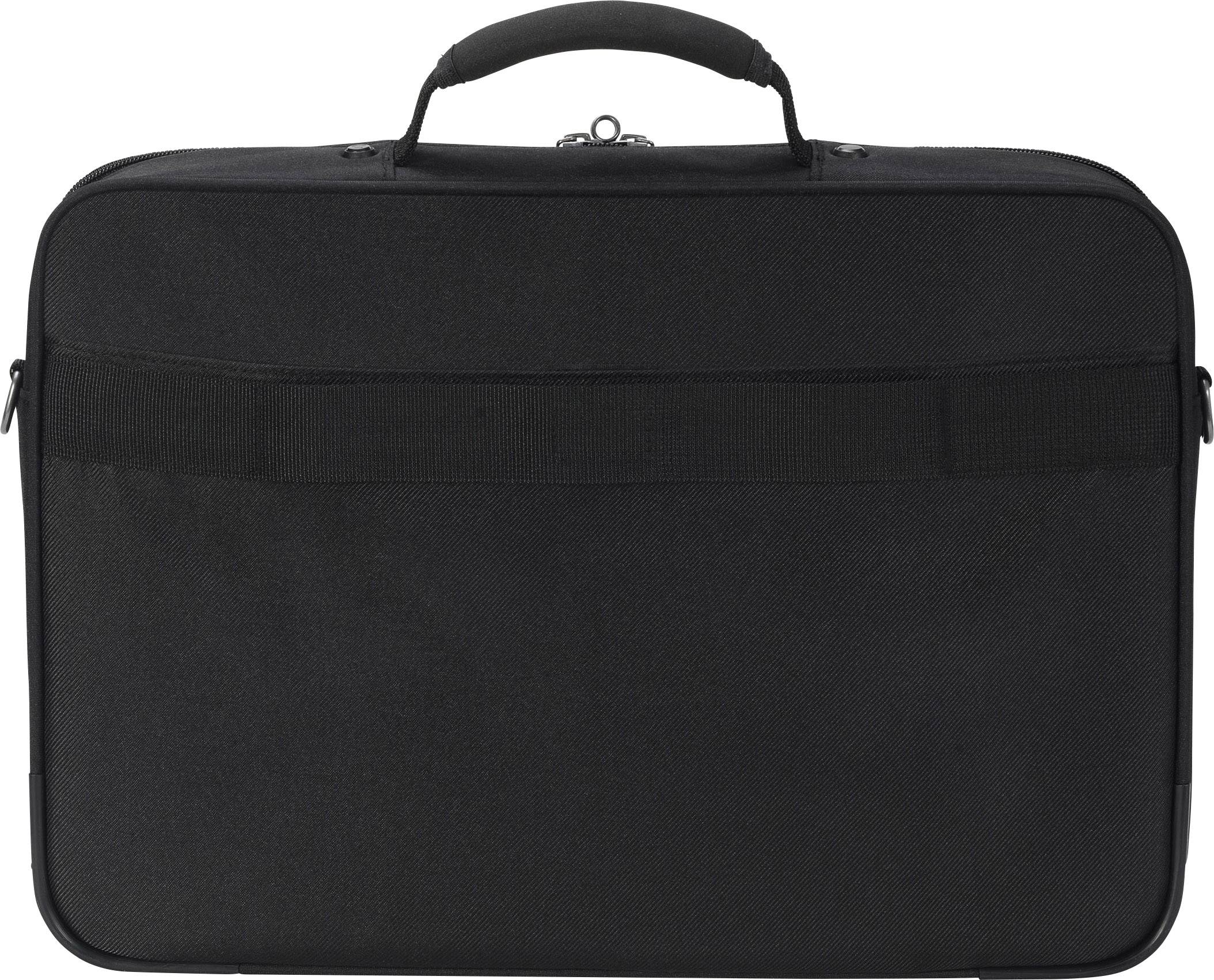 Una borsa nera per laptop con manico, di forma rettangolare e dal design semplice.