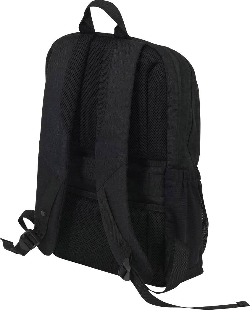 Uno zaino nero con cinghie regolabili e un retro in materiale a rete, in posizione verticale.