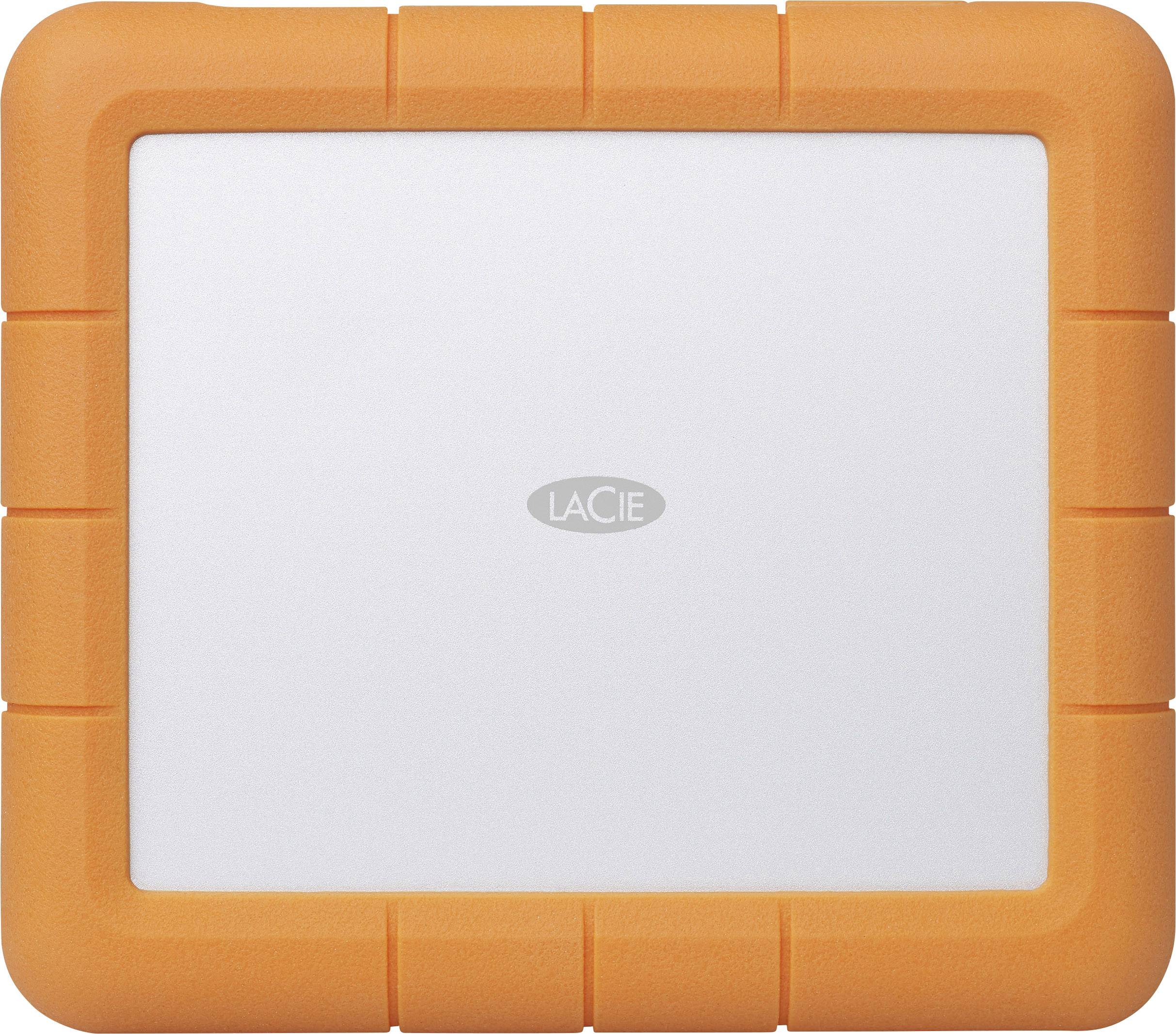 Hard disk esterno LaCie con cornice protettiva arancione e superficie argentata.