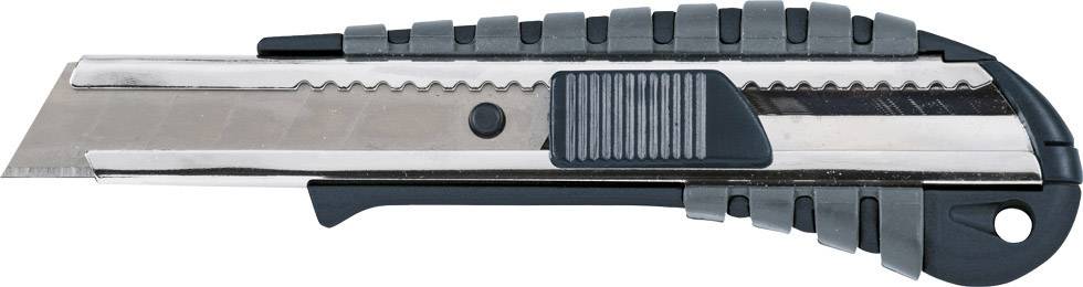 Coltello con lama retrattile e impugnatura antiscivolo, prevalentemente nei colori nero e argento.