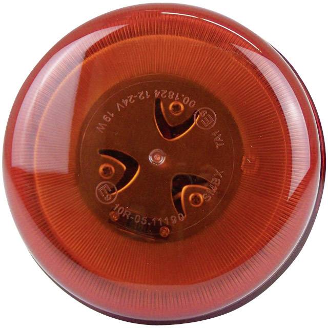 Un luce di avvertimento circolare, arancione, con tre punti di fissaggio neri distintivi al centro.