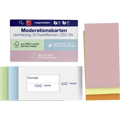 Confezione di carte di moderazione magentoplan, rettangolari, 6 colori pastello, 250 fogli; presenta carta FSC, coloranti a base vegetale e dimensioni di 200 mm per 100 mm.