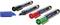 Quattro marker per lavagna magnetica in nero, rosso e verde con cappucci removibili. Il marker blu ha il suo cappuccio accanto.
