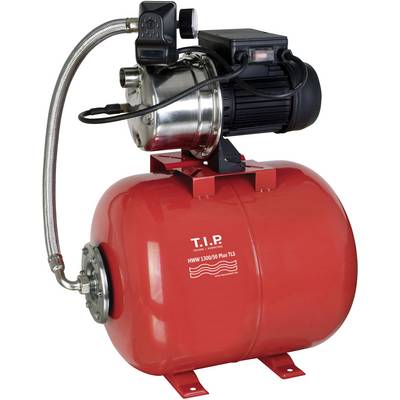 'Pompa dell'acqua rossa con motore nero, montata su serbatoio rosso. Iscrizione: T.I.P HWW 1300/50 Plus TLS.'