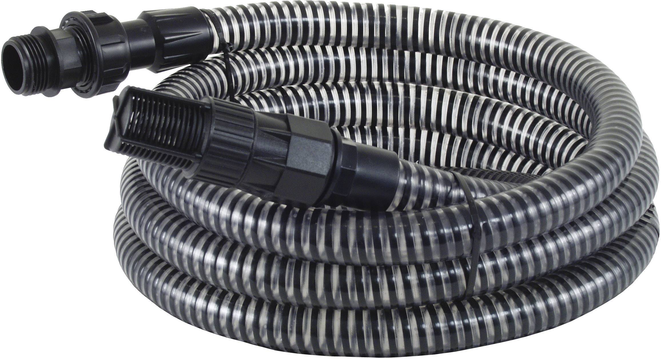 Un tubo ondulato nero con rivestimento trasparente e connettori neri alle estremità, dimostra flessibilità e robustezza.