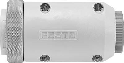 Un silenziatore pneumatico bianco con viti argentate, su cui è scritto 'FESTO'. Ottimizzato per la riduzione del rumore nei sistemi pneumatici.
