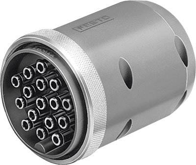 Un componente cilindrico con diverse piccole aperture a tubo sul lato frontale, probabilmente un elemento pneumatico di Festo.