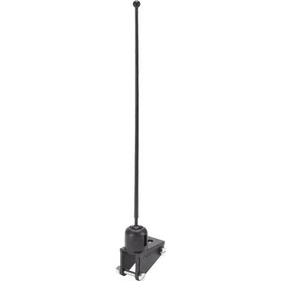 Antenna telescopica nera, orientamento verticale, montata su un piedistallo; adatta per radio o altri dispositivi radio.