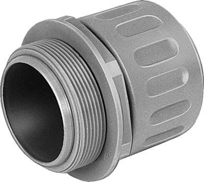 Un raccordo di cavo grigio e scanalato per sigillare i cavi nei contenitori, con filettatura rotonda sul lato sinistro.