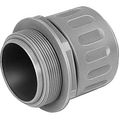 Un raccordo di cavo grigio e scanalato per sigillare i cavi nei contenitori, con filettatura rotonda sul lato sinistro.
