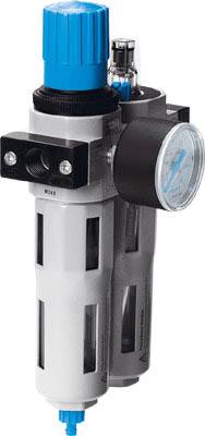 Componente meccanica complessa con regolatore di pressione e manometro, grigia con accenti blu, per il controllo di sistemi pneumatici.