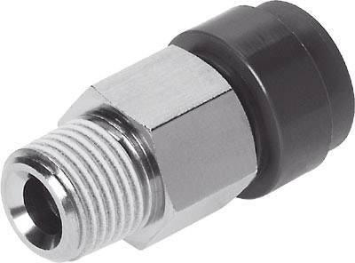 Adattatore metallico con filettatura esterna e terminale nero in plastica, comunemente utilizzato nei sistemi pneumatici per il collegamento dei tubi.