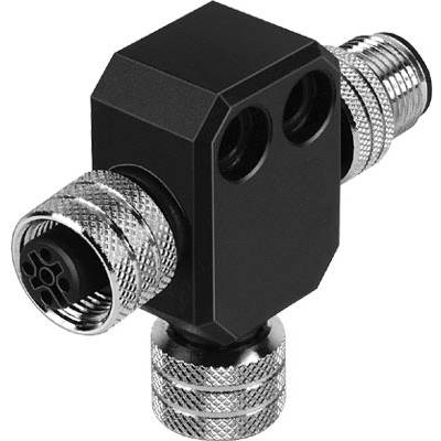 Raccordo metallico nero con due tubi cromati sui lati, utilizzato per installazioni di impianti idraulici o di riscaldamento.