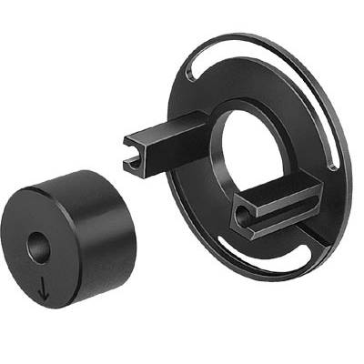 Attrezzo di montaggio nero composto da un anello con supporti e una parte cilindrica che può essere inserita nell'anello.