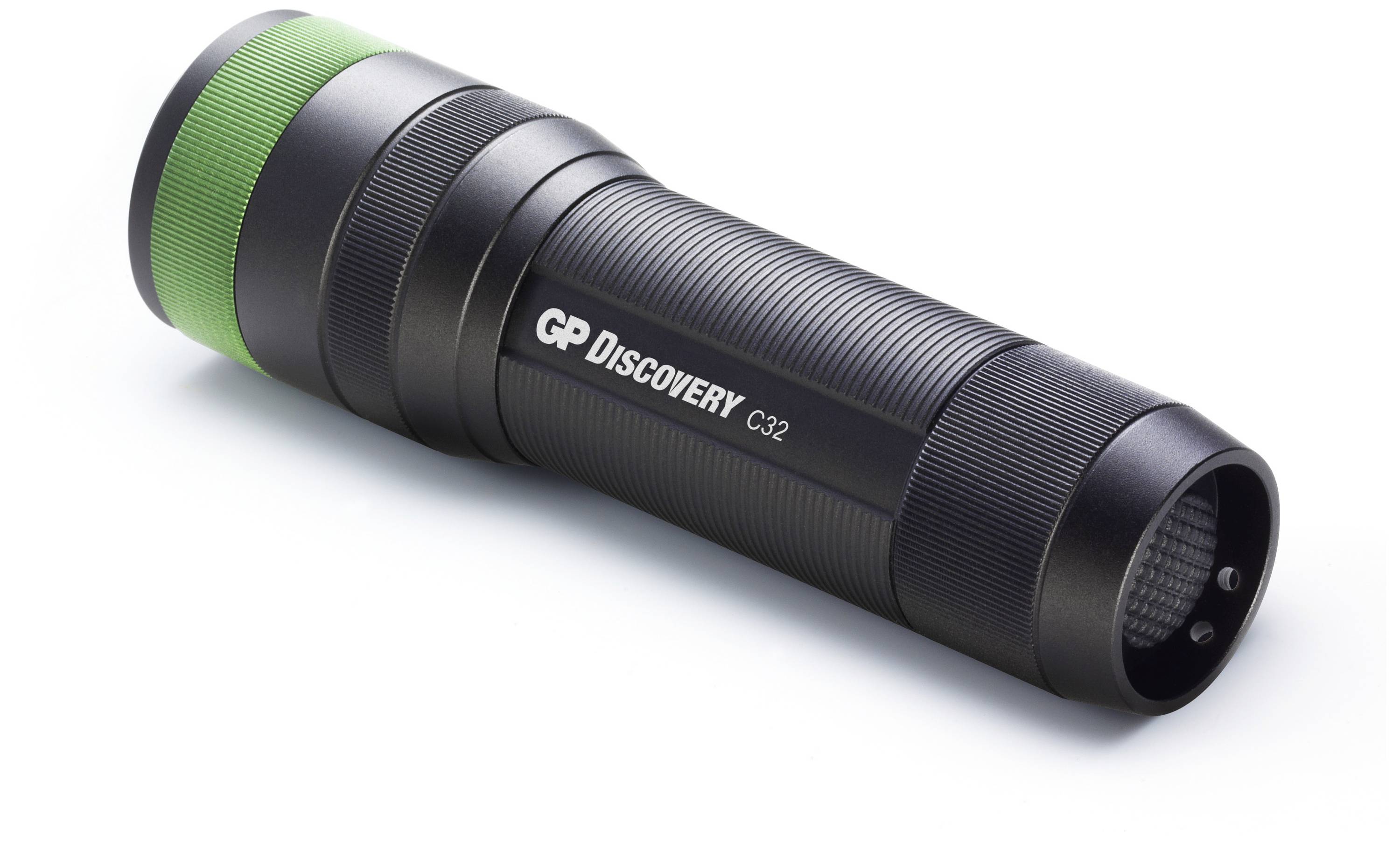 Una torcia nera con un anello verde e la scritta 'GP Discovery C32' è posizionata su uno sfondo bianco.