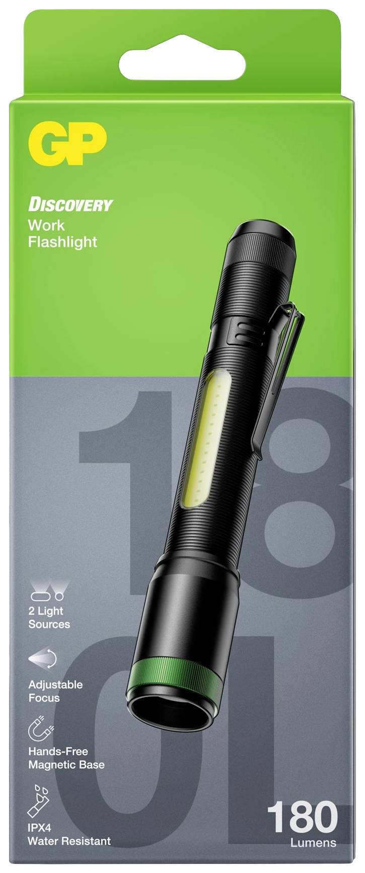 Torcia 'GP Discovery Work Flashlight' con 180 lumen, base magnetica, due sorgenti luminose e custodia impermeabile IPX4.
