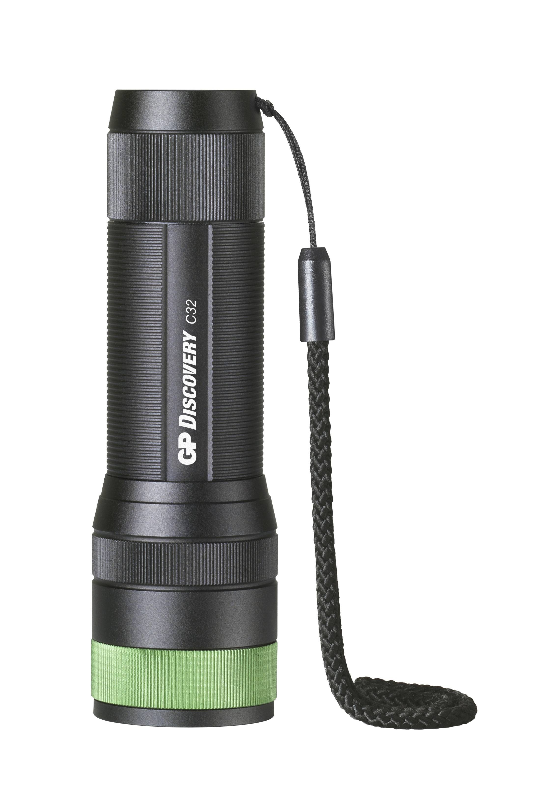 Torcia nera con anello verde in basso e cinturino di trasporto sul lato. Contrassegnata con 'GP Discovery C32'.