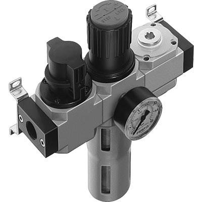 'Regolatore di aria compressa con quadrante nero, due manopole nere e raccordo metallico, utilizzato per il controllo e la regolazione della pressione dell'aria.'
