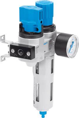 Dispositivo di trattamento dell'aria con regolatori blu e manometro, utilizzato per la regolazione dell'aria compressa in applicazioni industriali.