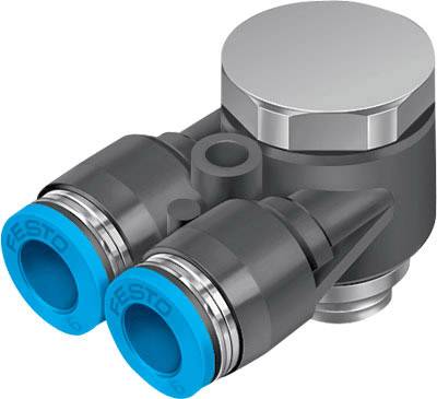 Regolatore di pressione pneumatico con due uscite e raccordi contrassegnati in blu, utilizzato per il controllo della pressione in sistemi di automazione.