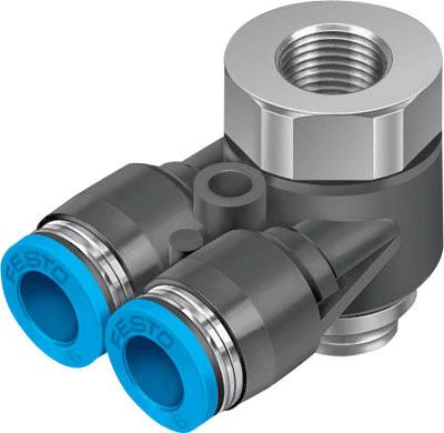 Un raccordo angolare con due connessioni blu e un tappo filettato metallico, utilizzato nei sistemi pneumatici.