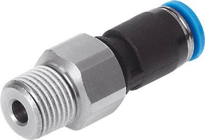 Un pezzo di connessione in metallo argentato con anello blu, utilizzato per sistemi pneumatici, mostra un'estremità filettata per il fissaggio a vite.