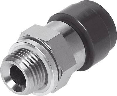 Adattatore pneumatico metallico filettato con terminale nero in plastica, utilizzato per connessioni di tubi in sistemi ad aria compressa.