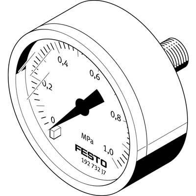 Manometro cilindrico, indica pressione da 0 a 1,0 MPa. L'ago è posizionato su 0. Logo del produttore 'FESTO' e numero parte in basso.