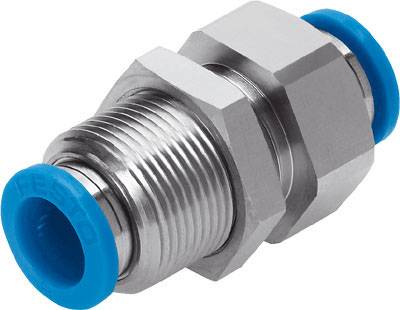 Connettori industriali con involucro metallico grigio ed elementi in plastica blu, idonei per applicazioni pneumatiche.