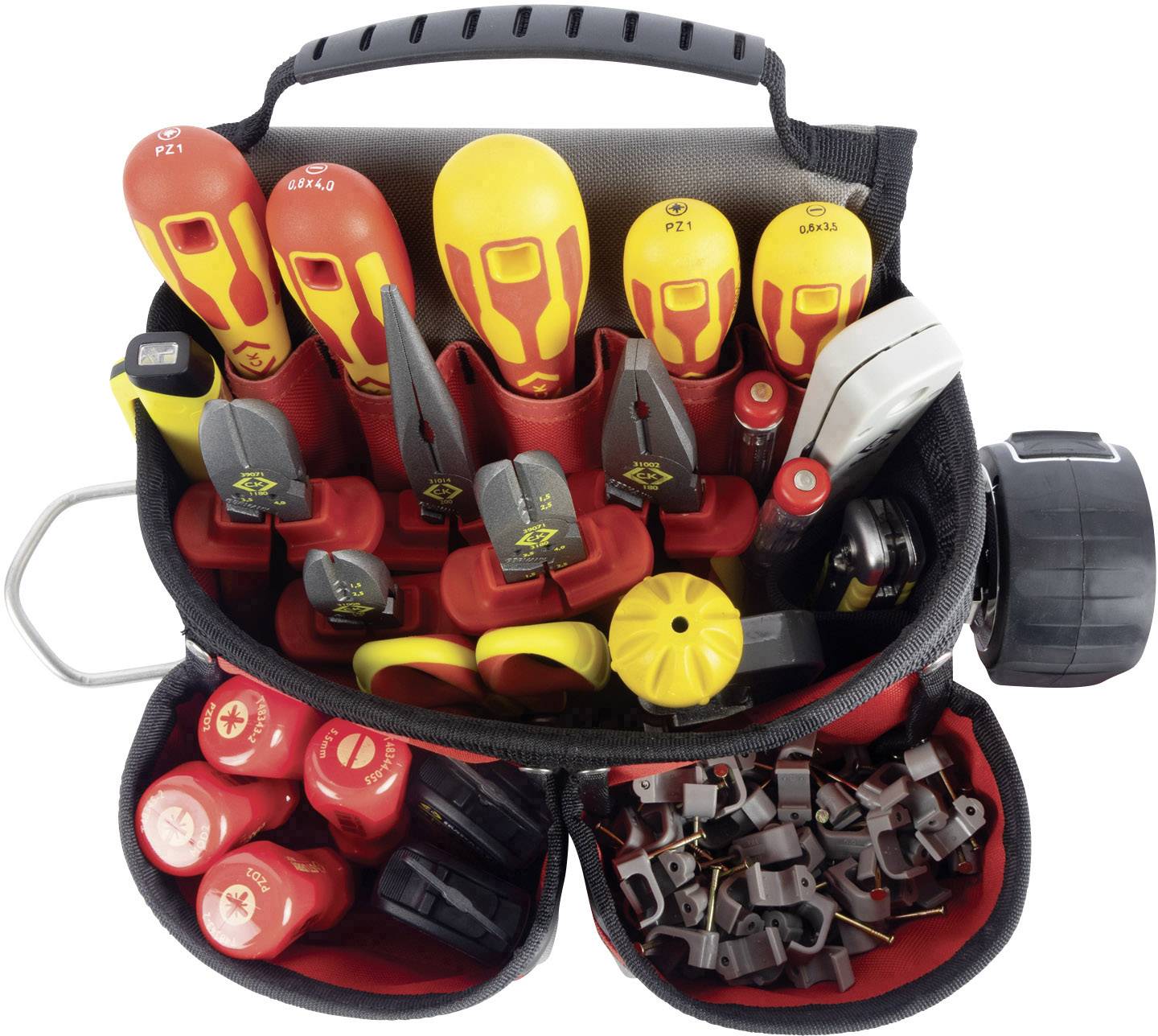 Borsa degli attrezzi con diversi cacciaviti, pinze e piccoli componenti. Perfetta per lavori elettrici o riparazioni.