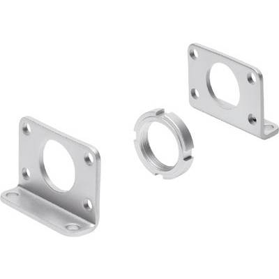 Supporti metallici e anello filettato su sfondo bianco.