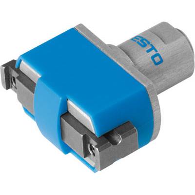 Un gancio pneumatico con involucro blu e componenti metalliche. Utilizzato per compiti di manipolazione precisa nell'automazione.
