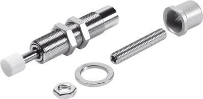 Un ammortizzatore metallico filettato, completo di dado, rondella e piccola molla, tutti realizzati in acciaio.
