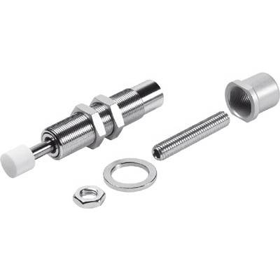 Un ammortizzatore metallico filettato, completo di dado, rondella e piccola molla, tutti realizzati in acciaio.