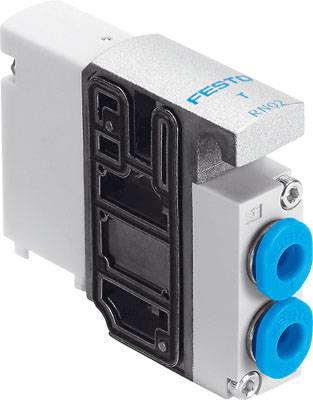 Componente industriale con due attacchi blu e il logo 'FESTO' su un involucro metallico argentato.