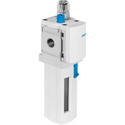 Filtro pneumatico bianco con accenti blu, verticalmente orientato, che mostra un'apertura e un regolatore di pressione in alto.