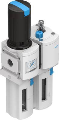Unità di manutenzione ad aria compressa con manometro, composta da un filtro nero e due moduli bianchi con comandi blu.